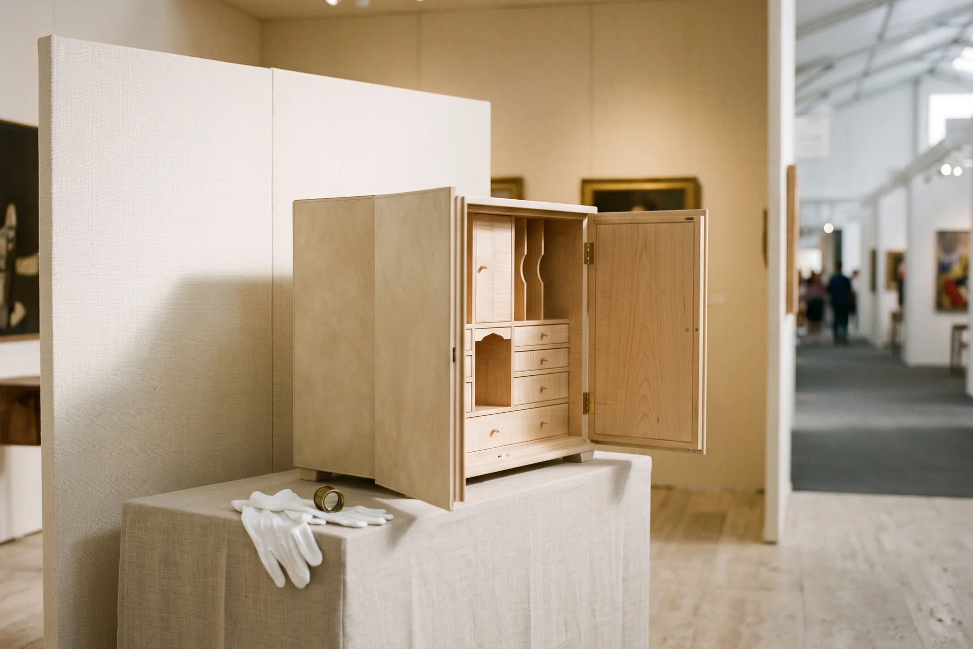 Auf einem Messestand zeigt ein geöffneter Pergamentschrank sein Inneres aus Bergahorn, daneben weiße Baumwollhandschuhe und eine Lupe auf einem Leinentuch.